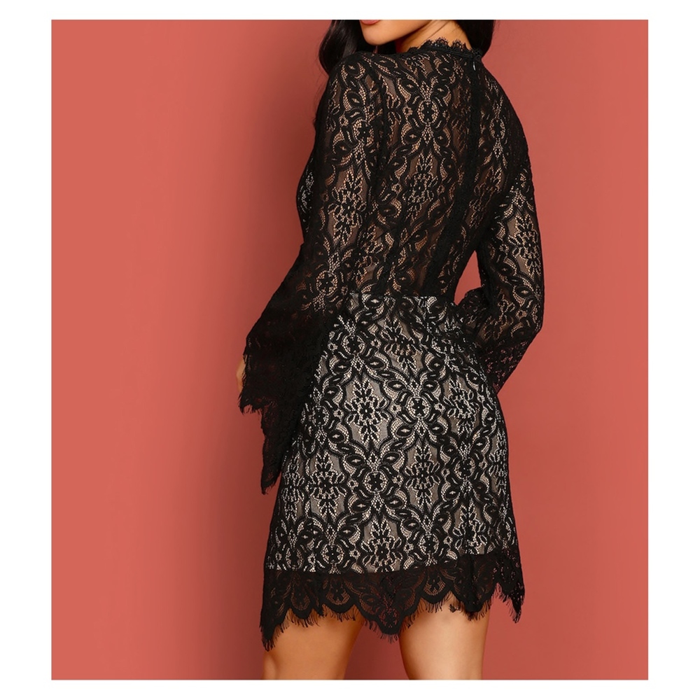 Black Long Sleeve Lace Overlay Cocktail Dress - Picture 2 of 6